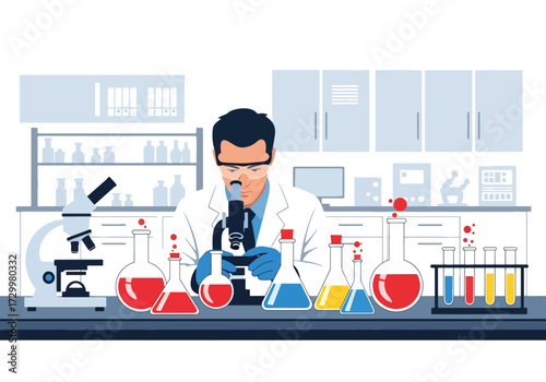 flat style illustration of Scientist working in a modern laboratory with microscope, test tubes, and colorful chemical solutions, symbolizing research, biotechnology, chemistry, and scientific