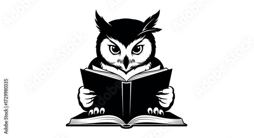 Wise owl engrossed in a captivating book illustration in black and white showcasing the love of learning knowledge and the pursuit of wisdom through reading literature