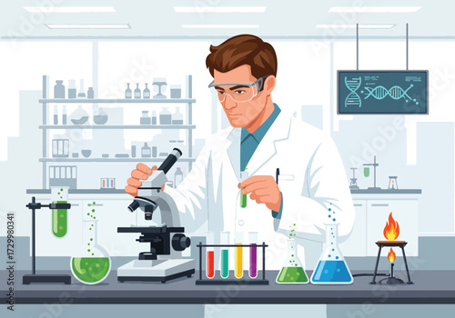 flat style illustration of Scientist working in a modern laboratory with microscope, test tubes, and colorful chemical solutions, symbolizing research, biotechnology, chemistry, and scientific