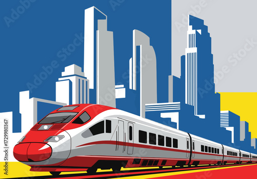 Flat style illustration high-speed train illustration with city skyline background, representing fast transportation, travel, urban mobility, and futuristic railway systems