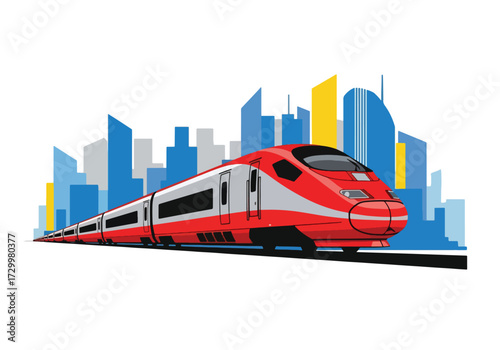 Flat style illustration high-speed train illustration with city skyline background, representing fast transportation, travel, urban mobility, and futuristic railway systems