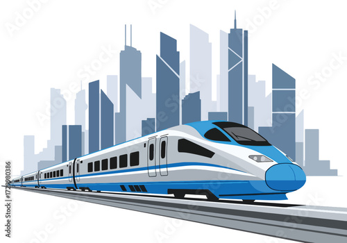 Flat style illustration high-speed train illustration with city skyline background, representing fast transportation, travel, urban mobility, and futuristic railway systems