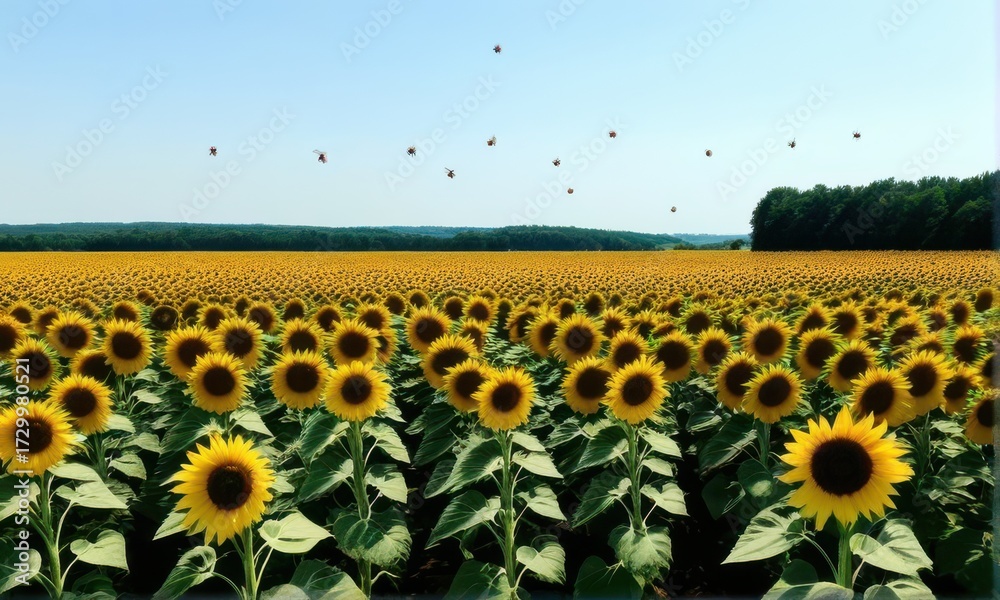 Obraz premium Lush Sunflower Field Under a Clear Sky with Distant Forest and Green Foliage
