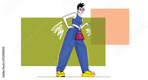 Bold vector illustration of a stylish woman in vibrant color-block fashion representing retro streetwear, edgy style, and urban pop art aesthetics