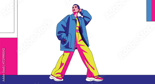 Bold vector illustration of a stylish woman in vibrant color-block fashion representing retro streetwear, edgy style, and urban pop art aesthetics