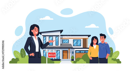 Flat style vector illustration of a real estate agent handing over a sold home to happy new owners, symbolizing property sales, investment, housing market, and successful home buying