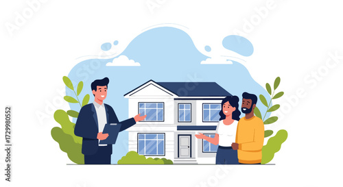 Flat style vector illustration of a real estate agent handing over a sold home to happy new owners, symbolizing property sales, investment, housing market, and successful home buying