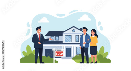 Flat style vector illustration of a real estate agent handing over a sold home to happy new owners, symbolizing property sales, investment, housing market, and successful home buying