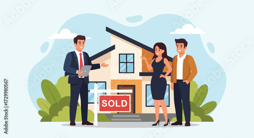 Flat style vector illustration of a real estate agent handing over a sold home to happy new owners, symbolizing property sales, investment, housing market, and successful home buying