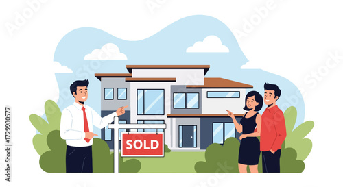 Flat style vector illustration of a real estate agent handing over a sold home to happy new owners, symbolizing property sales, investment, housing market, and successful home buying