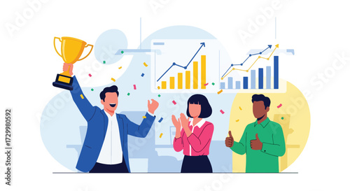 Flat style vector illustration of a business team celebrating success with a trophy, symbolizing achievement, teamwork, leadership, corporate growth, and motivation in the workplace