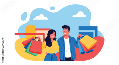 Flat style vector illustration of a happy couple shopping together, holding colorful bags in front of stores, symbolizing retail, consumer lifestyle, leisure, spending, and modern urban commerce