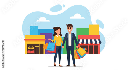 Flat style vector illustration of a happy couple shopping together, holding colorful bags in front of stores, symbolizing retail, consumer lifestyle, leisure, spending, and modern urban commerce