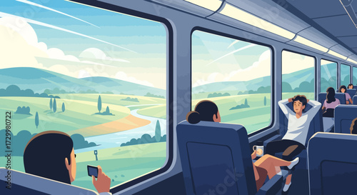 Passengers relax on a train, enjoying the scenic view of rolling hills and a river through the window.