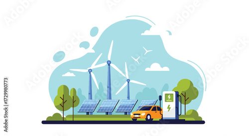Flat style vector illustration of an electric car charging at a station powered by solar panels and wind turbines, symbolizing renewable energy, sustainability, and eco-friendly transportation