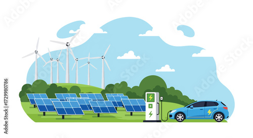 Flat style vector illustration of an electric car charging at a station powered by solar panels and wind turbines, symbolizing renewable energy, sustainability, and eco-friendly transportation
