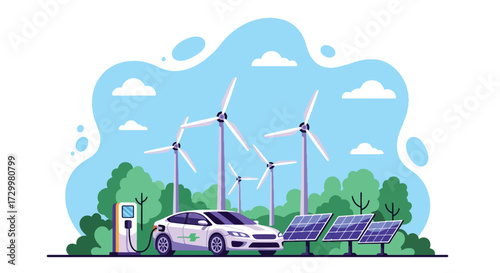 Flat style vector illustration of an electric car charging at a station powered by solar panels and wind turbines, symbolizing renewable energy, sustainability, and eco-friendly transportation
