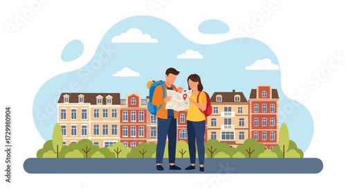 Flat style vector illustration of two tourists reading a map in front of historic European architecture, symbolizing travel, exploration, sightseeing, and cultural adventure