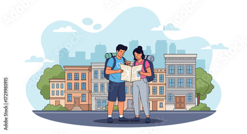 Flat style vector illustration of two tourists reading a map in front of historic European architecture, symbolizing travel, exploration, sightseeing, and cultural adventure