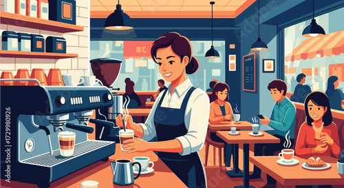 Flat style vector illustration of a barista preparing coffee in a café with customers enjoying drinks, symbolizing coffee culture, hospitality, relaxation, and modern lifestyle