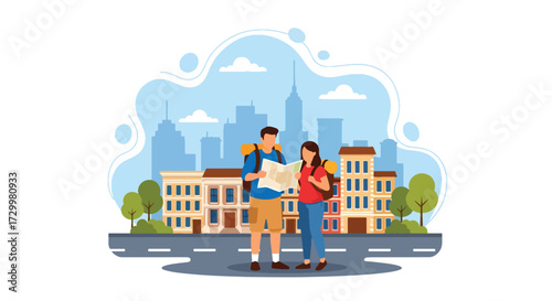 Flat style vector illustration of two tourists reading a map in front of historic European architecture, symbolizing travel, exploration, sightseeing, and cultural adventure