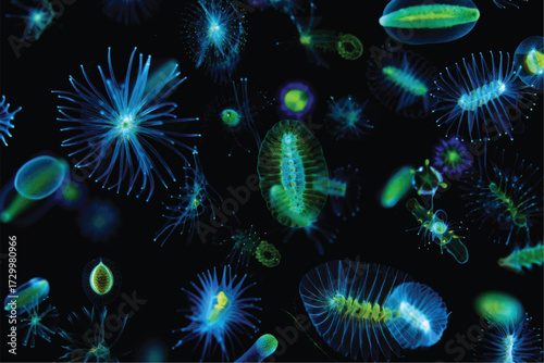 Bioluminescent Plankton and Microorganisms on Black Background