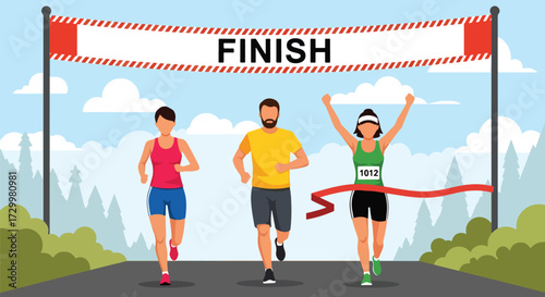 Flat style vector illustration of a runner crossing the finish line with cheering crowd, symbolizing achievement, determination, victory, perseverance, and success in sports and life goals