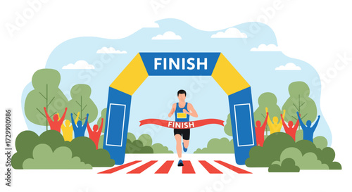 Flat style vector illustration of a runner crossing the finish line with cheering crowd, symbolizing achievement, determination, victory, perseverance, and success in sports and life goals