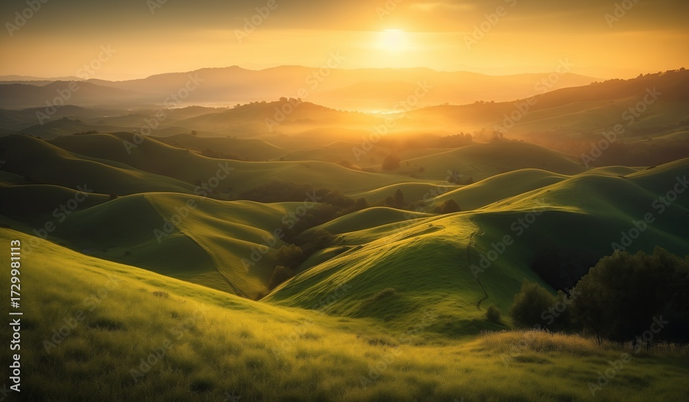 Fototapeta premium Rolling hills of California's northern tip bathed in golden sunset glow creating enchanting serene landscape with green grass over undulating terrain