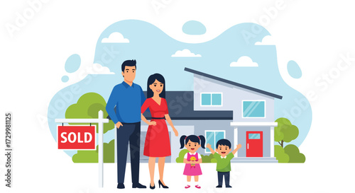 Flat style vector illustration of a happy family standing in front of their new home with a sold sign, symbolizing real estate success, homeownership, stability, and new beginnings