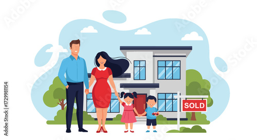 Flat style vector illustration of a happy family standing in front of their new home with a sold sign, symbolizing real estate success, homeownership, stability, and new beginnings