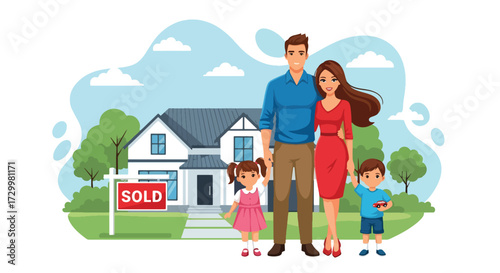 Flat style vector illustration of a happy family standing in front of their new home with a sold sign, symbolizing real estate success, homeownership, stability, and new beginnings