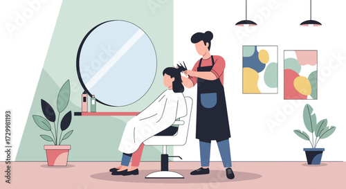 Flat style vector illustration of a hairstylist cutting a client’s hair in a modern salon, symbolizing beauty, self-care, fashion, and professional grooming services