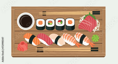 Flat style vector illustration of assorted sushi rolls and nigiri served on a wooden tray with soy sauce and chopsticks, symbolizing Japanese cuisine, dining, tradition, and culinary culture