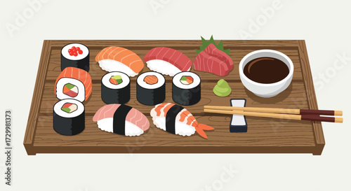 Flat style vector illustration of assorted sushi rolls and nigiri served on a wooden tray with soy sauce and chopsticks, symbolizing Japanese cuisine, dining, tradition, and culinary culture
