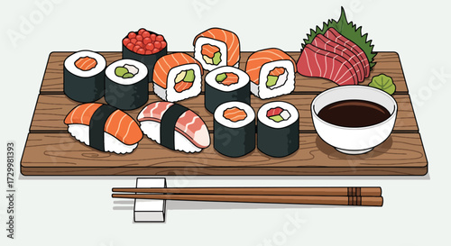 Flat style vector illustration of assorted sushi rolls and nigiri served on a wooden tray with soy sauce and chopsticks, symbolizing Japanese cuisine, dining, tradition, and culinary culture