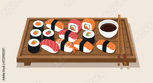 Flat style vector illustration of assorted sushi rolls and nigiri served on a wooden tray with soy sauce and chopsticks, symbolizing Japanese cuisine, dining, tradition, and culinary culture