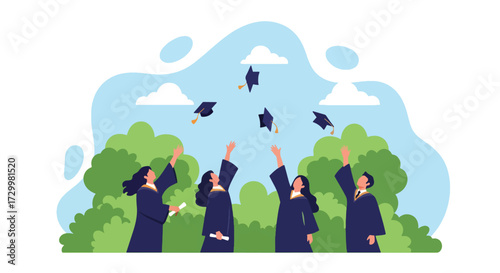 Flat style vector illustration of happy graduates throwing caps in the air in front of a college building, symbolizing achievement, success, education, and hope for a bright future
