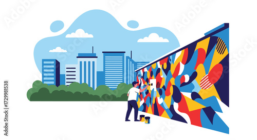 Flat style vector illustration of an artist painting a colorful mural on a city wall, symbolizing creativity, urban culture, expression, and the transformative power of art in public spaces