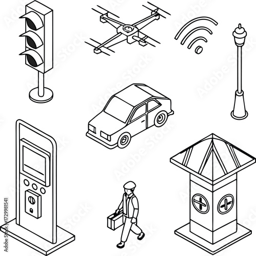 Modern city elements including traffic light, car, drone, and smart kiosk for urban innovation and technology concepts