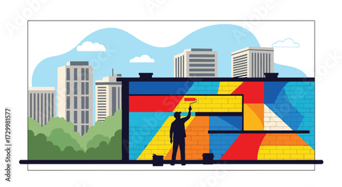 Flat style vector illustration of an artist painting a colorful mural on a city wall, symbolizing creativity, urban culture, expression, and the transformative power of art in public spaces