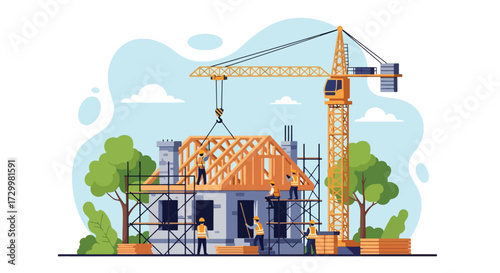 Flat style vector illustration of construction workers building a house with scaffolding and crane, symbolizing teamwork, growth, development, and creating a strong foundation for the future