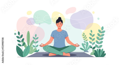Woman meditating in lotus position on a mat with abstract shapes and plants in the background.