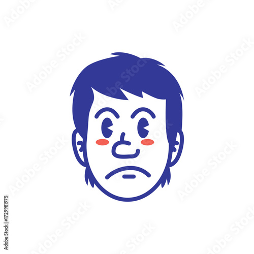 Cartoon illustration of male face emoji with frowning expression and blush cheeks. Simple bold vector style, perfect for sticker, mascot, emoji set, and social media design. EPS file.