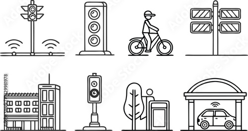 Smart city infrastructure icons for modern living and sustainable urban planning with connected technology and eco friendly transportation solutions