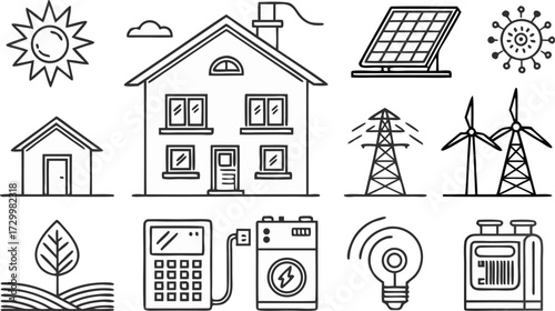 Sustainable energy solutions for modern homes featuring solar panels, wind turbines, and efficient appliances creating eco friendly living spaces.