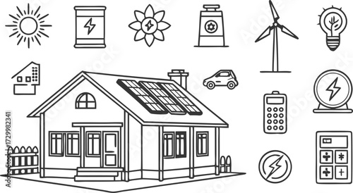 Eco-friendly sustainable home with solar panels, wind turbine, and electric car symbolizing green energy innovation and modern living.