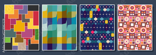 1960s Geometric Pattern Set, Repeated Mosaic Vintage 60s Color Combinations Fabric Decors