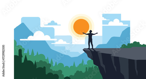 Flat style vector illustration of a person standing on a cliff with arms wide open toward mountains and sunrise with the word hope, symbolizing freedom, optimism, and new beginnings