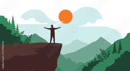 Flat style vector illustration of a person standing on a cliff with arms wide open toward mountains and sunrise with the word hope, symbolizing freedom, optimism, and new beginnings